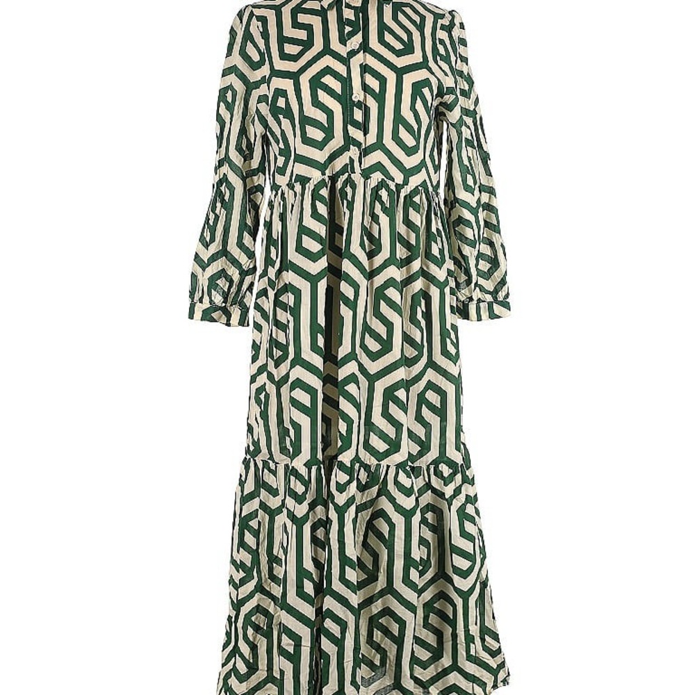 Zara Size Small Green Printed Midi Dress 100% Cotton